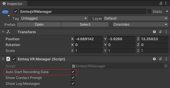 Auto Start Recording Setting in EmteqVRManager Prefab